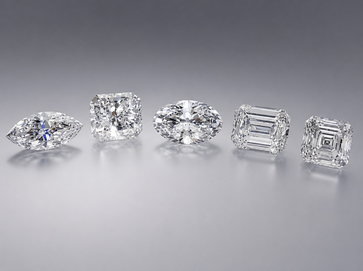 Cinq diamants de synthèse taillés - marquise, coussin, ovale, émeraude et Asscher - sur fond gris neutre l Laveran Paris